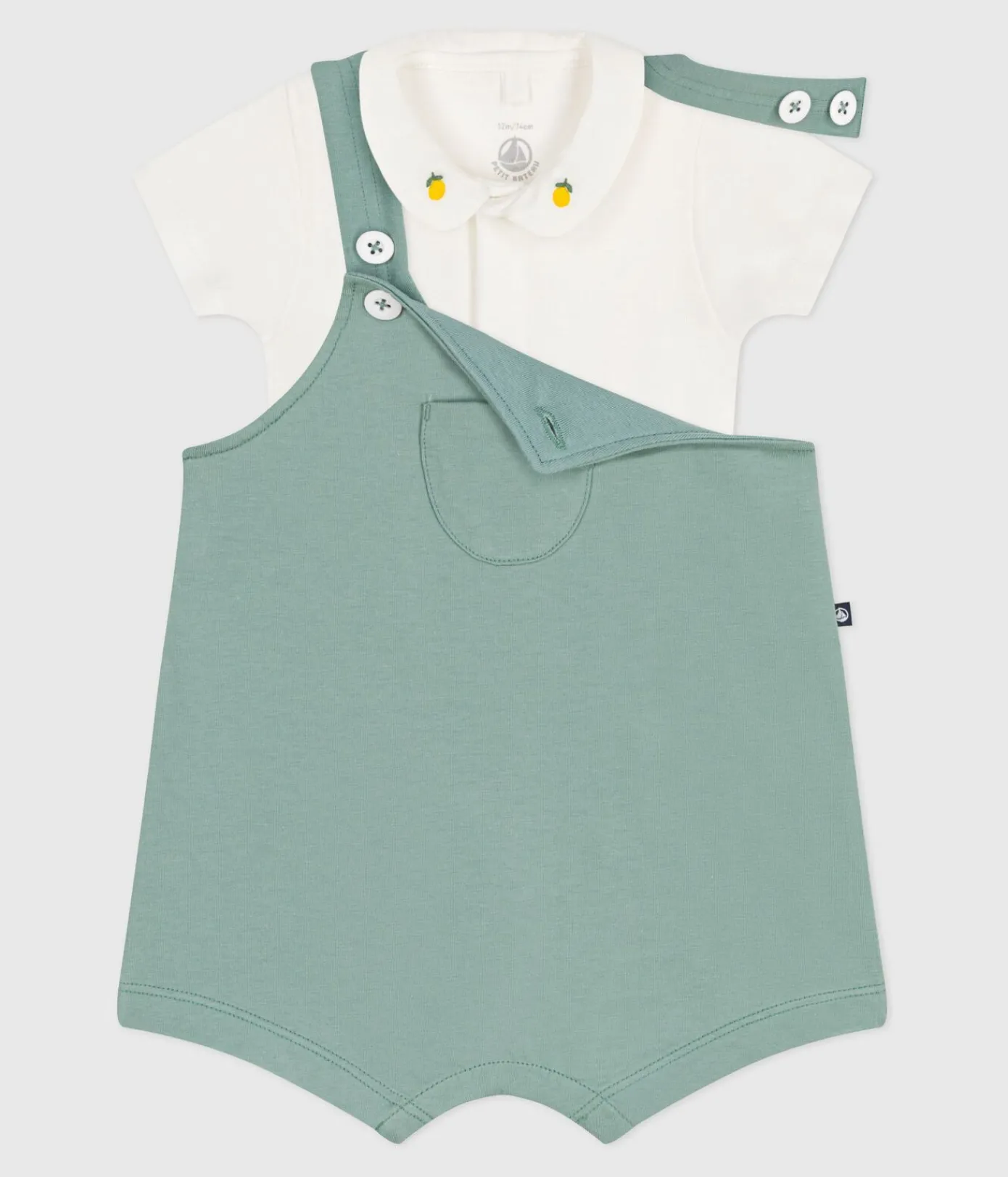 Petit Bateau Sets, Overalls & Latzhosen|Newborn*Newborn-Set Latzhose und bestickter Strampler aus einfarbiger Baumwolle grün PAUL