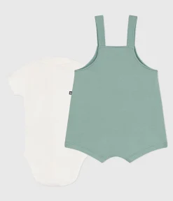 Petit Bateau Sets, Overalls & Latzhosen|Newborn*Newborn-Set Latzhose und bestickter Strampler aus einfarbiger Baumwolle grün PAUL