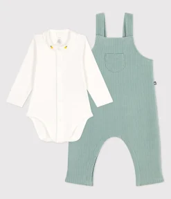 Petit Bateau Sets, Overalls & Latzhosen|Newborn*Newborn-Set Latzhose und bestickter Body aus Baumwolle grün PAUL