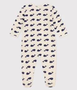 Petit Bateau Schlafanzüge, Strampler*Pyjama aus Samt mit Meereswalen beige MONTELIMAR/blau MEDIEVAL