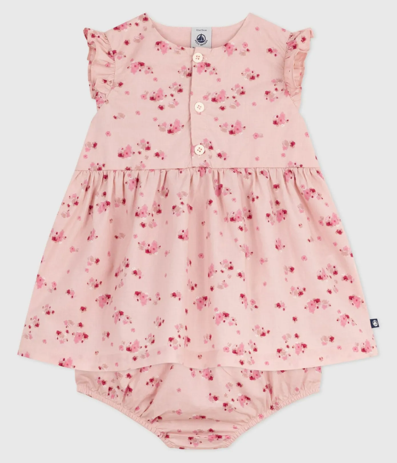 Petit Bateau Kleider*Ärmelloses Baby-Kleid aus Baumwolle mit dazu passendem Bloomer rosa JOLI/weiss MULTICO