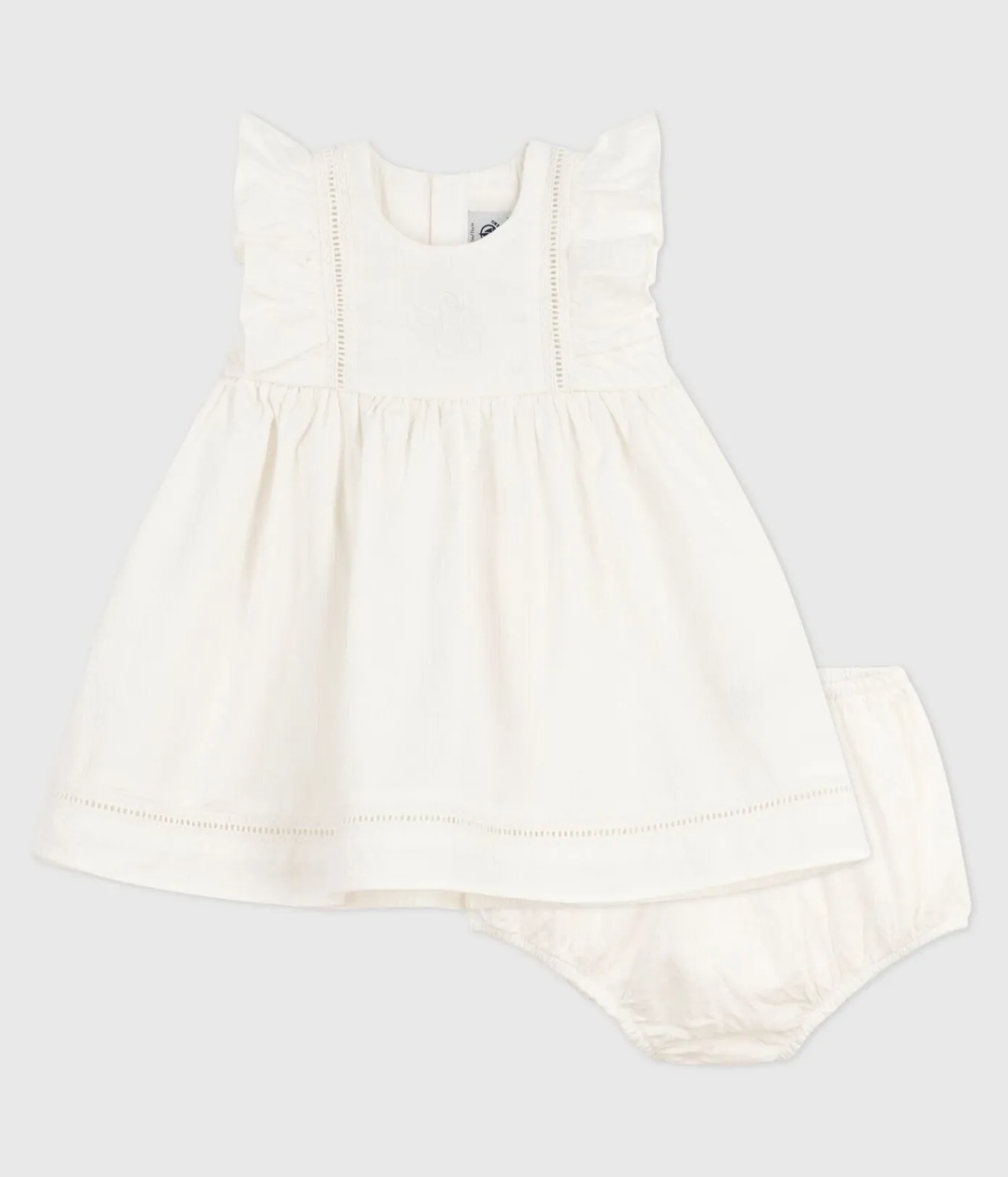 Petit Bateau Kleider*Ärmelloses Baby-Kleid aus einfarbiger Baumwolle mit Stickerei und dazu passendem Bloomer weiss ECUME