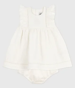 Petit Bateau Kleider*Ärmelloses Baby-Kleid aus einfarbiger Baumwolle mit Stickerei und dazu passendem Bloomer weiss ECUME