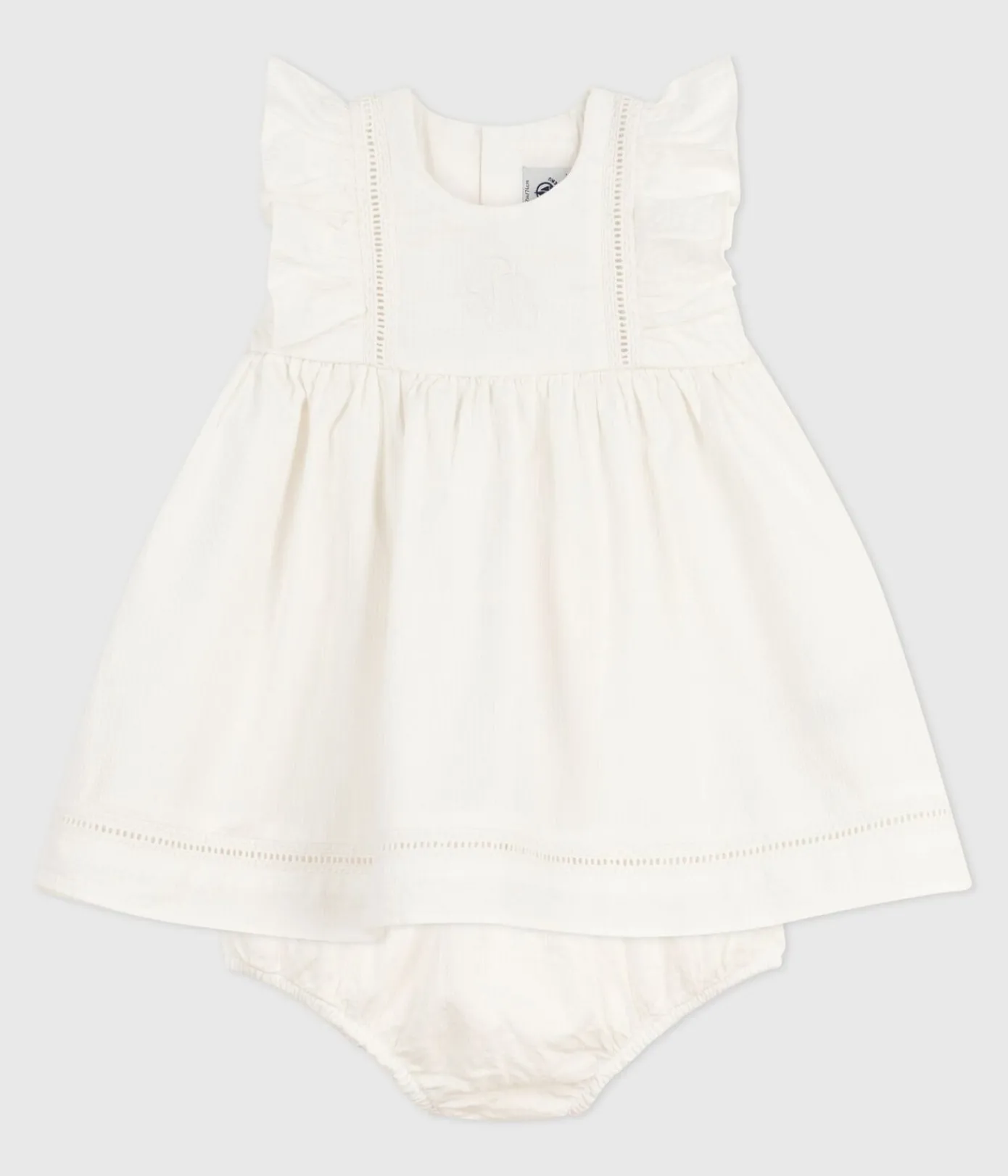 Petit Bateau Kleider*Ärmelloses Baby-Kleid aus einfarbiger Baumwolle mit Stickerei und dazu passendem Bloomer weiss ECUME