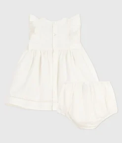 Petit Bateau Kleider*Ärmelloses Baby-Kleid aus einfarbiger Baumwolle mit Stickerei und dazu passendem Bloomer weiss ECUME
