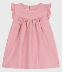Petit Bateau Kleider*Ärmelloses Baby-Kleid aus einfarbiger Baumwolle mit gestickten Verzierungen am Kragen rosa CHARME