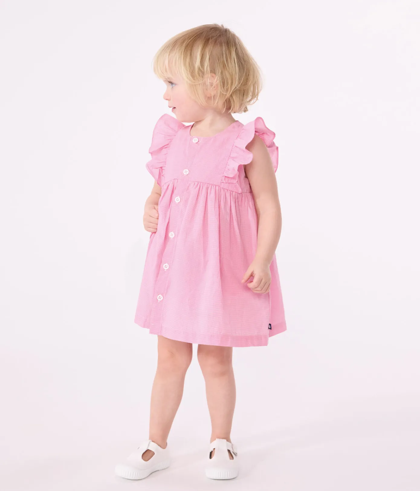 Petit Bateau Kleider*Ärmelloses Baby-Kleid aus leichter Baumwolle und Bloomer mit Vichy-Muster weiss ECUME/ PETAL