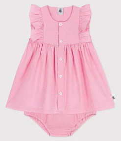 Petit Bateau Kleider*Ärmelloses Baby-Kleid aus leichter Baumwolle und Bloomer mit Vichy-Muster weiss ECUME/ PETAL