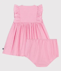 Petit Bateau Kleider*Ärmelloses Baby-Kleid aus leichter Baumwolle und Bloomer mit Vichy-Muster weiss ECUME/ PETAL