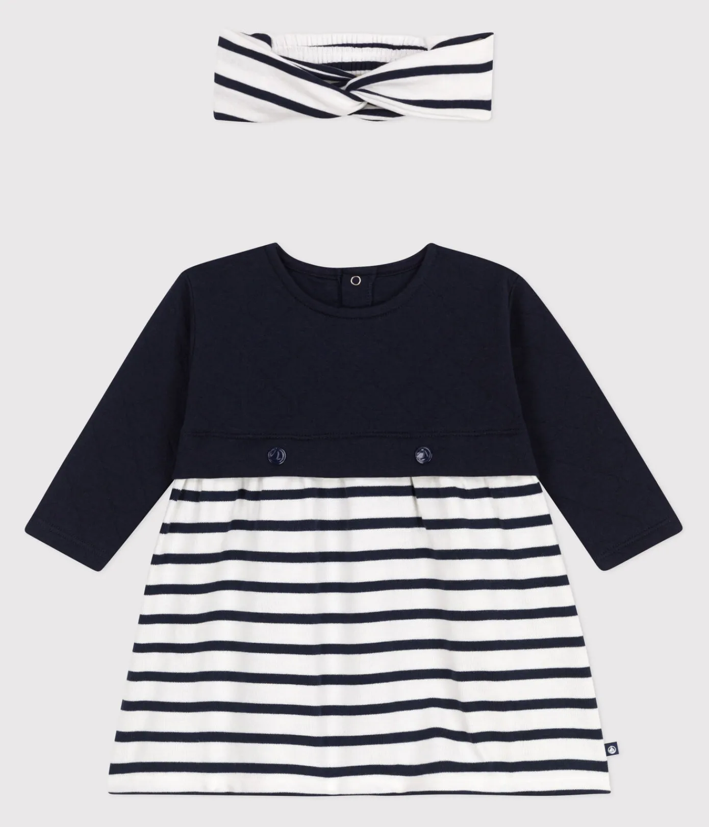 Petit Bateau Kleider*Set langärmeliges Baby-Kleid aus Doppeljersey und Baumwolle und dazu passendes Baby-Stirnband. variante 1