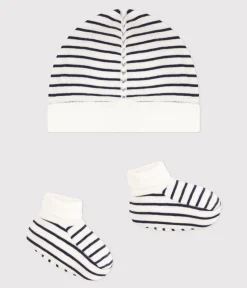 Petit Bateau Accessoires, Sonnenhüte, Caps|Socken, Schühchen*Set mit Mützchen und Babyschuhen mit Matrosenstreifen variante 1