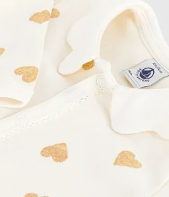 Petit Bateau Schlafanzüge, Strampler*Strampler ohne Füßchen aus Baumwolle mit goldfarbenen Herzen MILK/ DORE