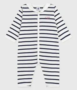 Petit Bateau Schlafanzüge, Strampler*Strampler ohne Füßchen mit U-Boot-Kragen aus gestreifter Baumwolle weiss MARSHMALLOW/blau SMOKING