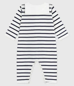 Petit Bateau Schlafanzüge, Strampler*Strampler ohne Füßchen mit U-Boot-Kragen aus gestreifter Baumwolle weiss MARSHMALLOW/blau SMOKING