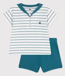 Petit Bateau Sets, Overalls & Latzhosen*2-teiliges Baby-Set aus Baumwolle, gestreiftes T-Shirt und einfarbige Shorts grün MARSHMALLOW/ DRAGONFLY