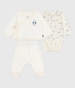 Petit Bateau Newborn|Sets, Overalls & Latzhosen*3-teiliges Baby-Set mit Wickeljacke und dazu passendem Body mit Pinguin-Motiv naturfarben MILK