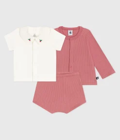 Petit Bateau Sets, Overalls & Latzhosen|Newborn*3-teiliges Newborn-Set aus Baumwolle und T-Shirt mit besticktem Kragen rosa ROSEWOOD/ MULTICO
