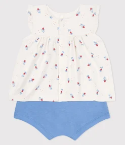 Petit Bateau Newborn|Sets, Overalls & Latzhosen*2-teiliges Newborn-Set aus Baumwolle mit Rüschenbluse weiss MARSHMALLOW/weiss MULTICO