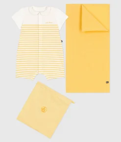 Petit Bateau Sets, Overalls & Latzhosen|Newborn*2-teiliges Newborn-Set mit Kurzoverall und Wickeltuch weiss MARSHMALLOW/ ORGE