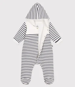 Petit Bateau Sets, Overalls & Latzhosen|Newborn*Wattierter Strampler mit Kapuze und Füßchen im Matrosen-Look. weiss MARSHMALLOW/blau SMOKING