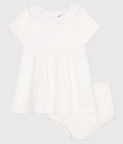 Petit Bateau Kleider*Weißes Baby-Kleid und Bloomer aus Baumwolle mit Lochstickereien weiss ECUME