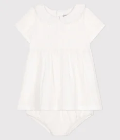 Petit Bateau Kleider*Weißes Baby-Kleid und Bloomer aus Baumwolle mit Lochstickereien weiss ECUME