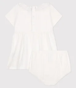 Petit Bateau Kleider*Weißes Baby-Kleid und Bloomer aus Baumwolle mit Lochstickereien weiss ECUME