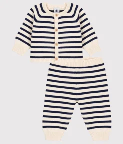 Petit Bateau Sets, Overalls & Latzhosen|Newborn*Zweiteiliges Baby-Set aus Woll- und Baumwoll-Strick mit Marinestreifen weiss AVALANCHE/blau SMOKING