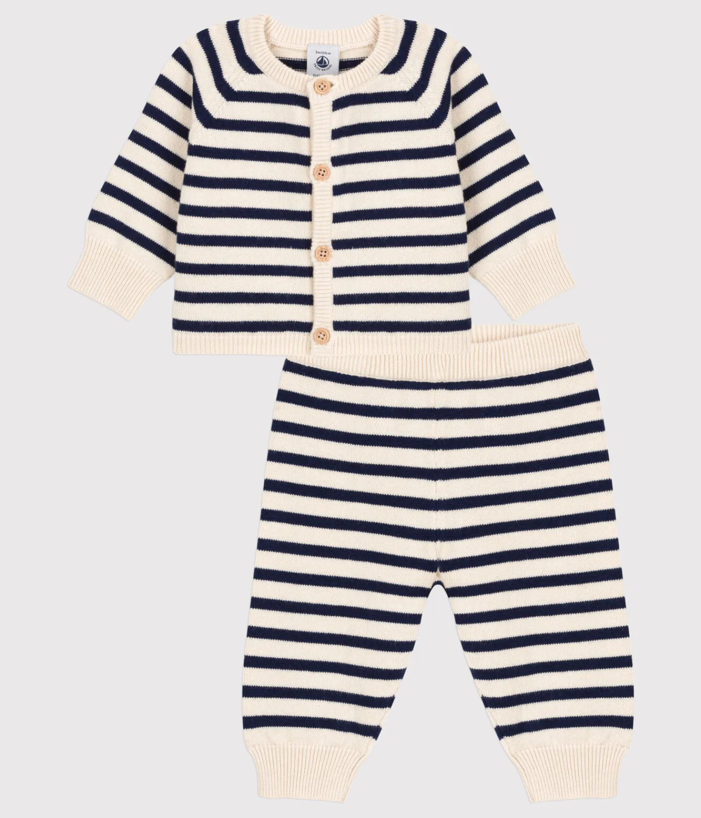 Petit Bateau Sets, Overalls & Latzhosen|Newborn*Zweiteiliges Baby-Set aus Woll- und Baumwoll-Strick mit Marinestreifen weiss AVALANCHE/blau SMOKING