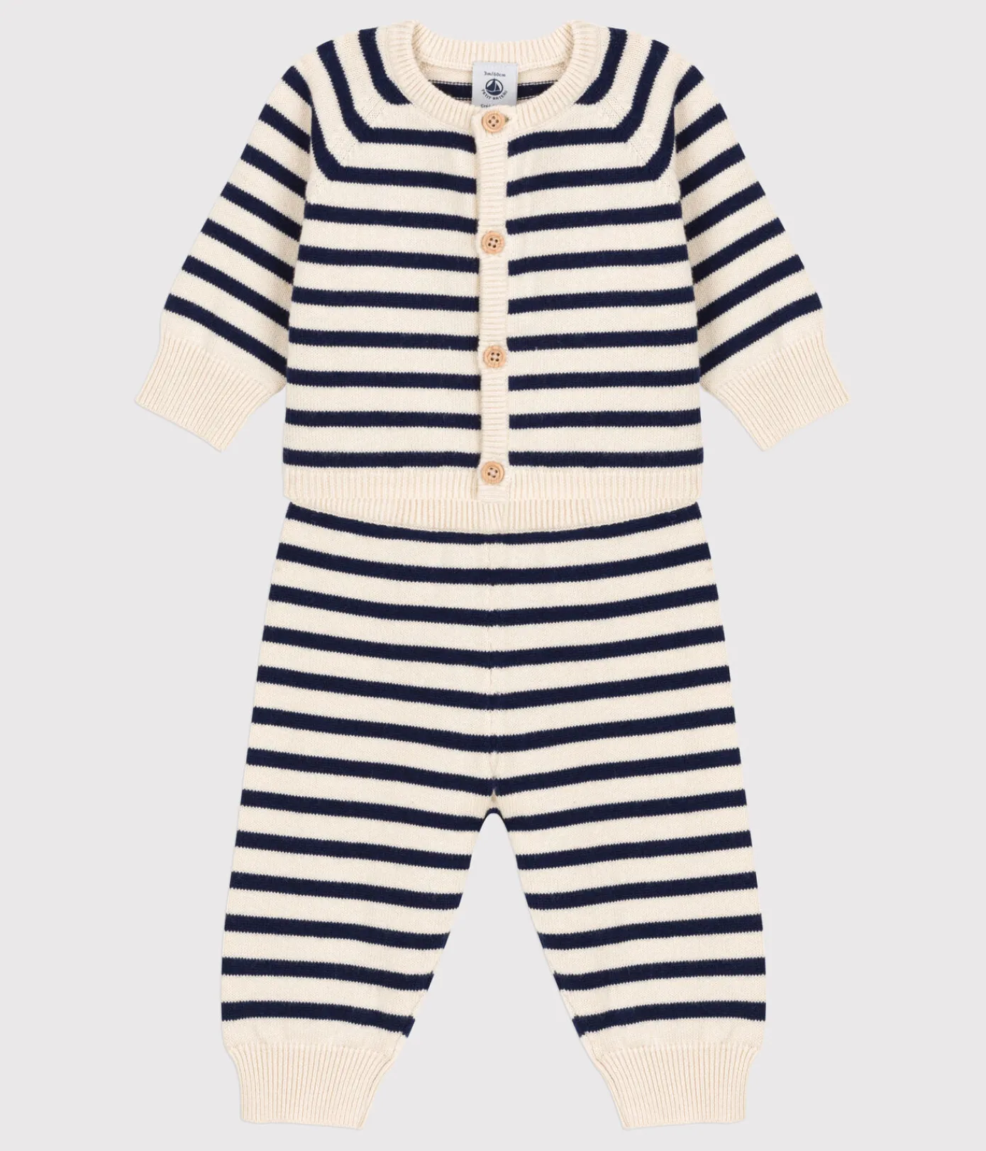 Petit Bateau Sets, Overalls & Latzhosen|Newborn*Zweiteiliges Baby-Set aus Woll- und Baumwoll-Strick mit Marinestreifen weiss AVALANCHE/blau SMOKING