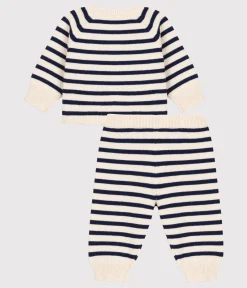 Petit Bateau Sets, Overalls & Latzhosen|Newborn*Zweiteiliges Baby-Set aus Woll- und Baumwoll-Strick mit Marinestreifen weiss AVALANCHE/blau SMOKING